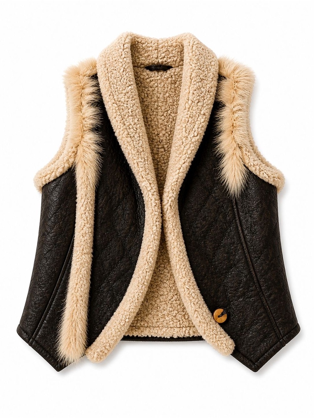 Women’s Faux Shearling-Trim Vest in Dark Brown and Cream